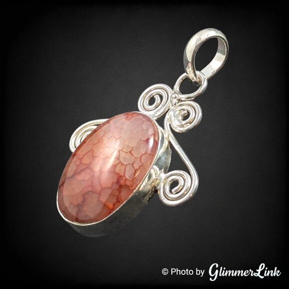 Red Orange Dragon Vein Oval Cabochon Scrollwork Silver Plated Pendant - Picture 5 of 8